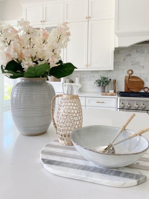 bowl and vase on kitchen island