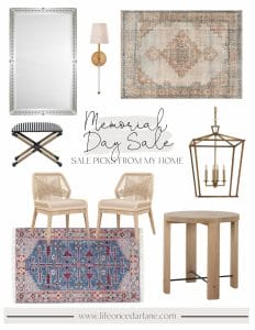 Life on Cedar Lane Memorial Day sale picks from my home include Pottery Barn finn rug, bathroom mirrors, kitchen chairs, bathroom runner and more!