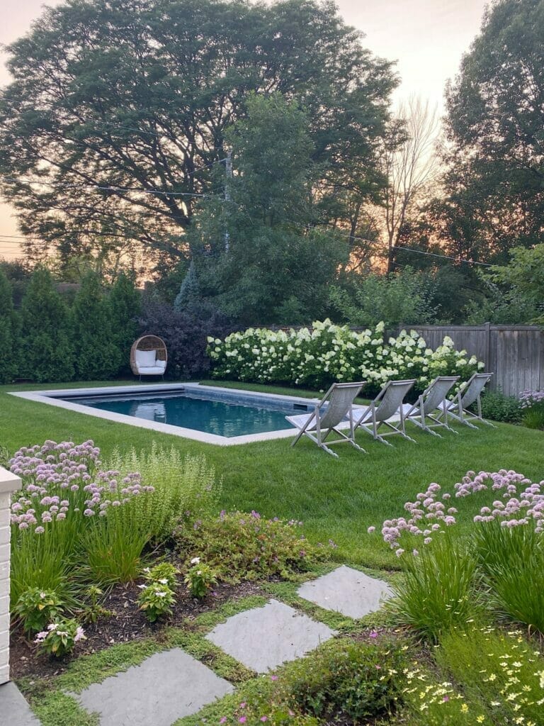 in ground backyard pool, limelight hydranges, serena & Lily sling chairs | Getting Spring Ready with Walmart