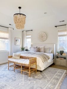 primary bedroom features wayfair upholstered bed in zuma white | Wayfair's Way Day Sale 2022