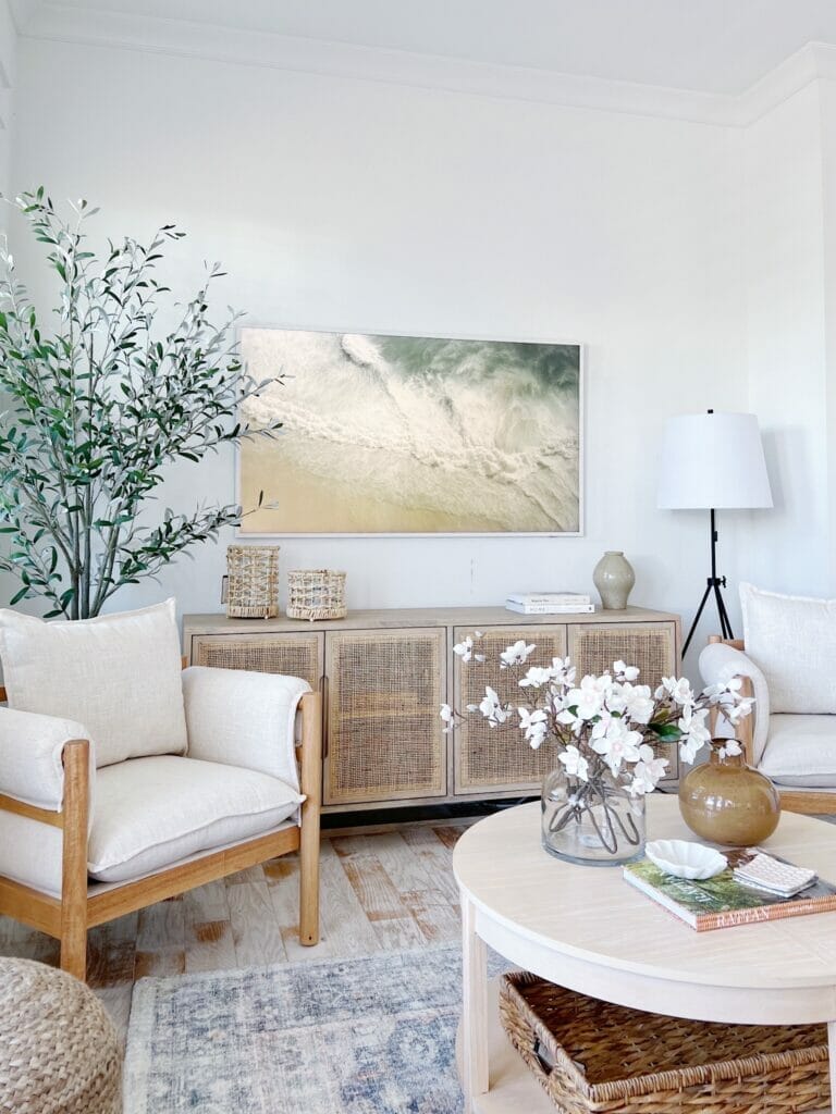 living room with framed art